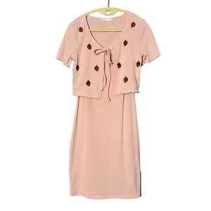 Romwe Women’s Pink Tie Front Strawberry Embroidered Top & Ribbed Cami Dress Set